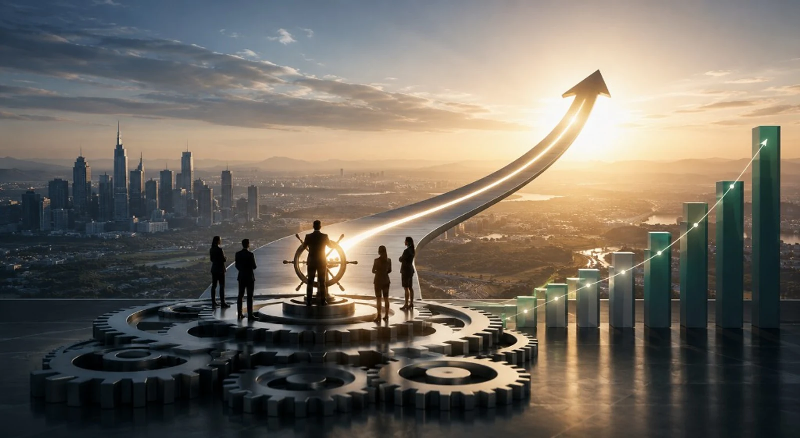 Editorial illustration of executives steering transformation atop institutional systems, with ascending performance and a long-term upward trajectory