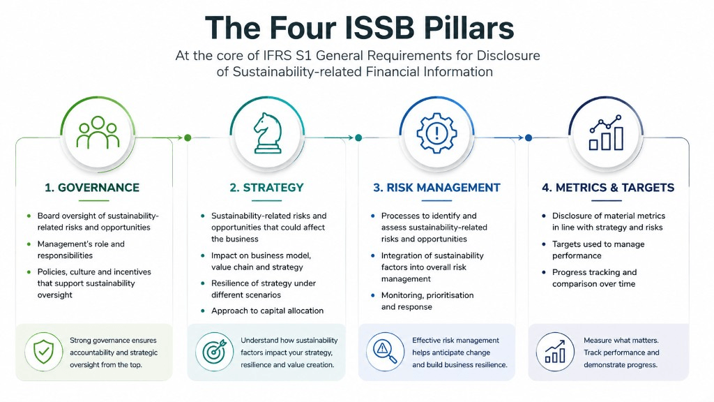 Diagram of the four ISSB pillars under IFRS S1: governance, strategy, risk management, and metrics and targets