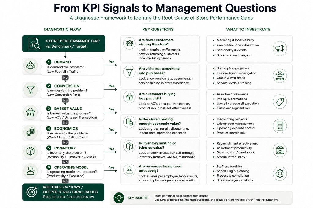 Diagnostic framework from KPI signals to management questions and root-cause investigation for store performance gaps
