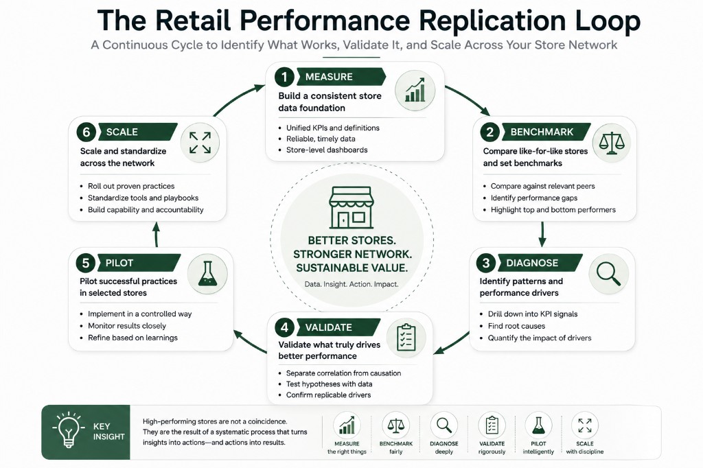 Six-stage Retail Performance Replication Loop: Measure, Benchmark, Diagnose, Validate, Pilot and Scale