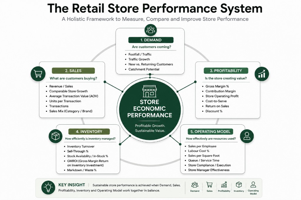 Diagram of the retail store performance system linking demand, sales, profitability, inventory and operating model to store economic performance